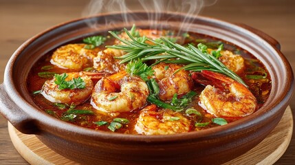 Savory Steaming Hot Shrimp Stew in a Rustic Earthenware Bowl, Gourmet Seafood Dish with Herbs