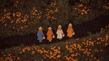 Vintage folk art illustration of four girls with baskets walking through a golden wildflower meadow. Nostalgic scene of friendship and simple country life.