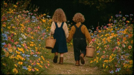 Innocent Friendship: Two Children Holding Hands on a Path Through a Magical Wildflower Meadow. Vintage, painterly style.