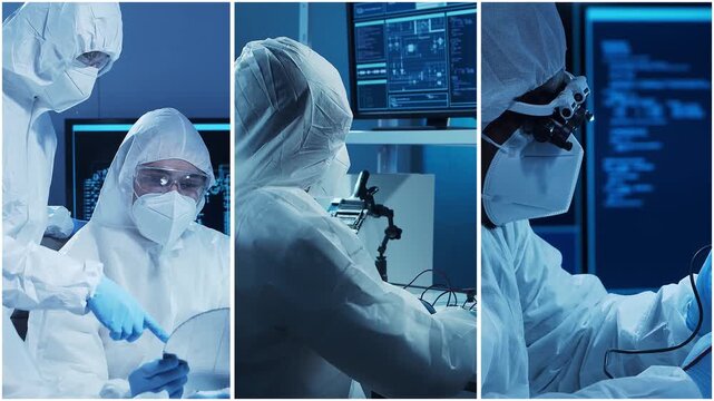 Technology and medical concept. Scientists, lab equipment and microscopes in biomedical innovations and clinical studies. Ideal for educational content. Vertical videos.