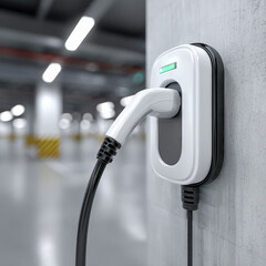 Minimal 3D EV charging plug icon with geometric design, close-up on blurred garage