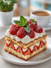 Elegant slice of layered strawberry shortcake with fresh berries, whipped cream, and mint garnish. Gourmet summer dessert served in a bright cafe setting.