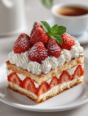 Delicious Strawberry Shortcake Slice with Fresh Berries, Whipped Cream, and Mint Garnish on a White Plate