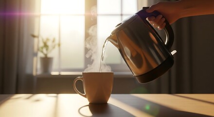 Hand pouring steaming hot water into a cup on a sunny table