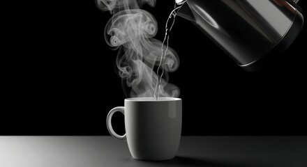 Steaming hot coffee being poured into a white mug on a dark background