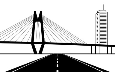 Obraz premium Cable stayed bridge and skyscraper with empty road perspective lines