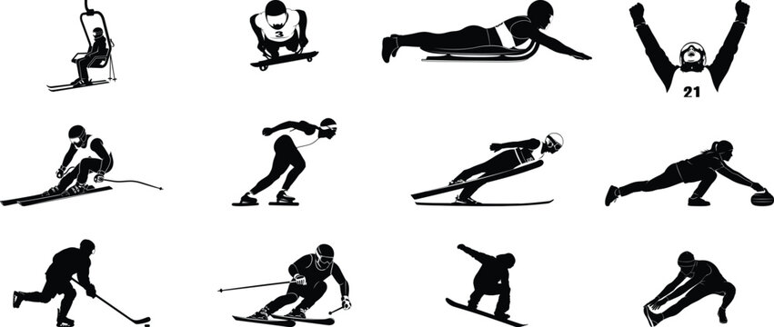 Winter olympics sports icons skiing snowboarding ice hockey and more