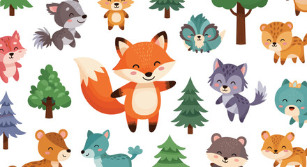 Fototapeta premium Adorable Woodland Creatures and Trees Seamless Pattern Illustration, Perfect for Children's Products, Fabrics, Wallpaper, and Playful Designs, Featuring Cute Animals in a Forest Setting