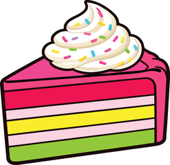 Cute Slice of Cake with Whipped Cream and Sprinkles Vector Illustration