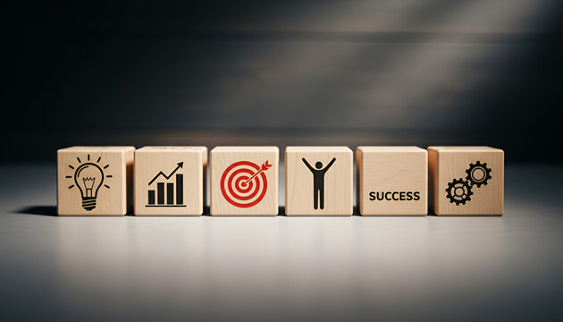 Building Blocks of Success: The image shows six wooden blocks arranged in a row, each featuring a different symbol representing key steps towards success.