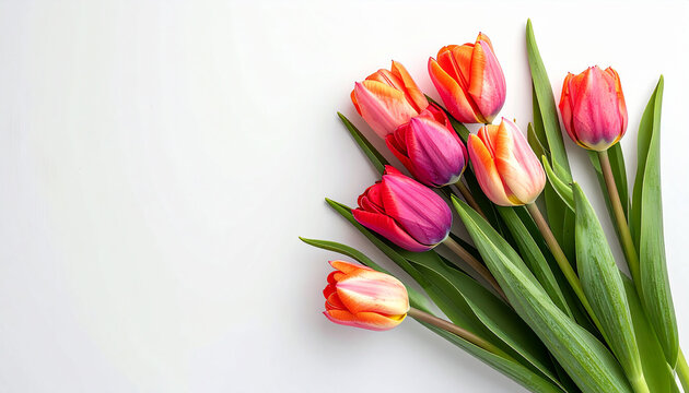 Vibrant bouquet of colorful tulips on a clean white background, celebrating spring's beauty