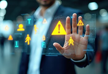 A Business Professional Interacting with Digital Warning Icons in a Modern Workspace