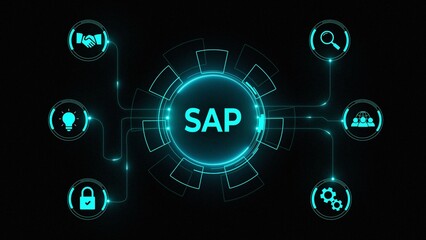 Obraz premium SAP System Software Automation concept on virtual screen data center. Business, modern technology, internet and networking concept. Glowing neon background, Motion graphics of 