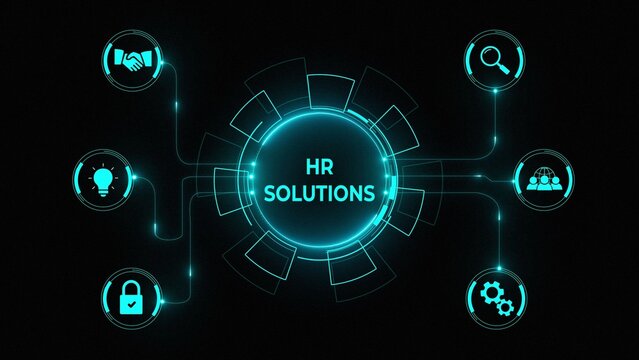 Animated hr solutions concept depicting digital gears and business technology. Glowing neon background, Motion graphics of "HR" concept. 4k