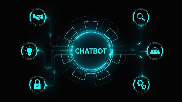 Chatbot Customer service automation NLP natural language processing business technology concept. Glowing neon background, Motion graphics of "Chat" concept. 4k