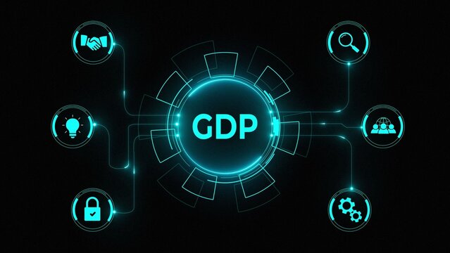 Logo of falling GDP. The collapse of GDP growth. Arrow goes down from the letters GDP. Gross domestic product. Crisis. Recession. The decline in production in the state. on a black background