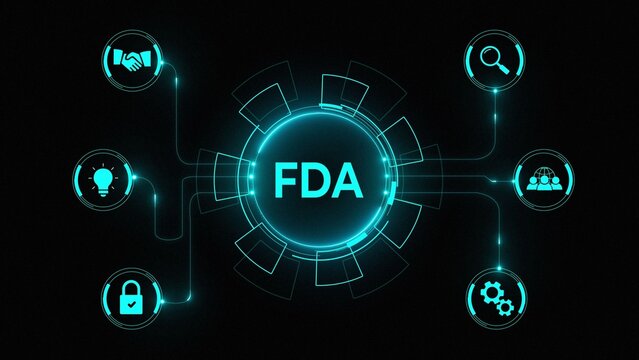 FDA Concept with Connected Icons,Food and Drug Administration Network,Understanding FDA: Digital Representation,FDA Functions and Regulations Diagram. on a black background
