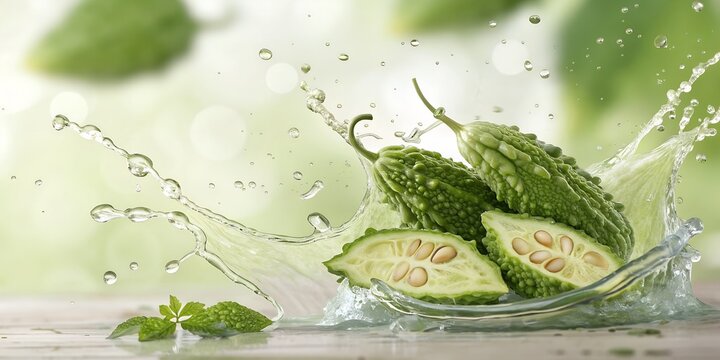 Bitter gourd breaking through light herbal juice splash, subtle green tint, natural medicinal aesthetic