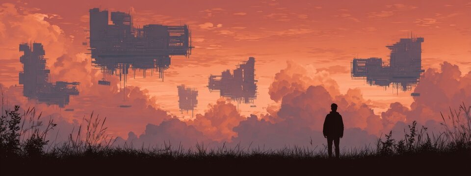 Futuristic Silhouette Against Floating Buildings in a Vibrant Sunset Sky