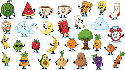 Cartoon Food and Object Characters on Blue Background: Whimsical Vector Illustration for Education, Kids' Designs, and Playful Creative Projects