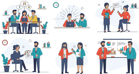 Fototapeta premium Diverse Team Collaboration: Business Professionals in Meetings and Presentations in a Flat Vector Style for Corporate Communications, Training Materials, and Website Illustrations