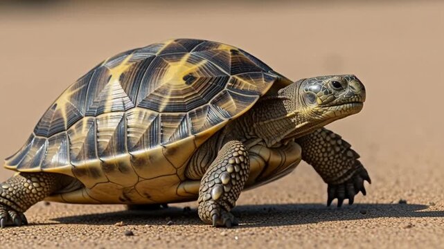 Tortoise walking on sandy terrain with detailed shell patterns
