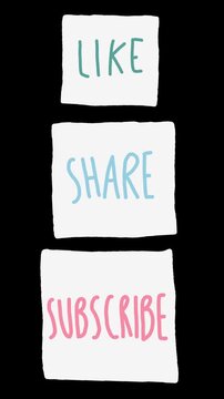 Vertical animated hand drawn like share subscribe buttons in playful doodle style, simple stacked cards on dark background representing social media engagement call to action