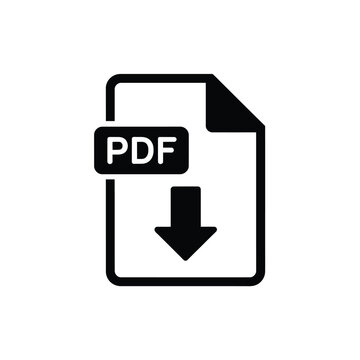 Simple black icon depicting a pdf document with a download arrow
