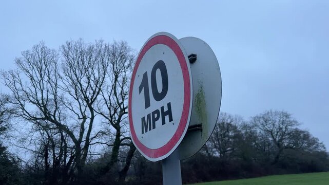 Close up of a circular 10 MPH speed limit sign in an industrial park on a cloudy day