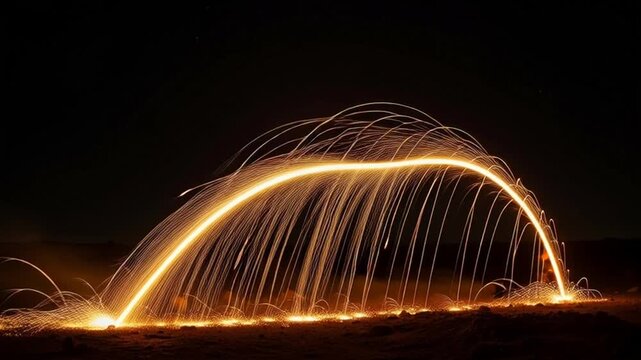 Vibrant steel wool sparks flying in dynamic arc at night