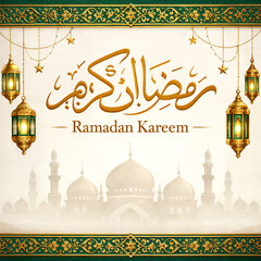 "Golden Crescent Moon with Hanging Lantern &mdash; Ramadan Kareem Night Sky, Starry Bokeh Background, Luxurious Eid Greeting Illustration"