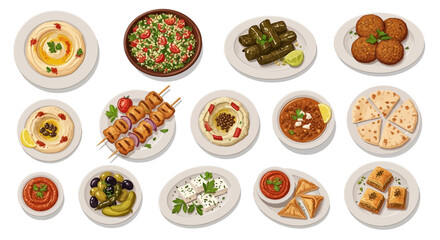 Variety of international dishes presented on multiple plates from a top-down viewpoint