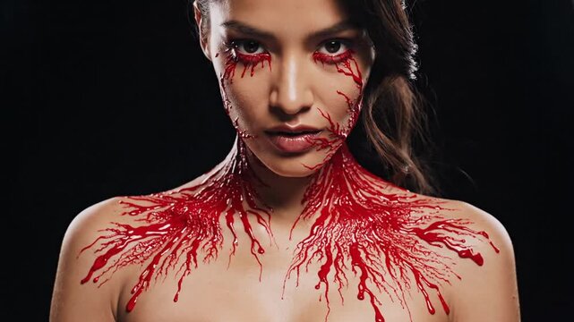 Dramatic Portrait of a Woman with Blood Makeup and Dark Background.