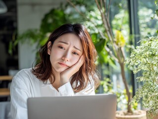 パソコン画面を前に悩み考え込む在宅勤務中の女性が抱える仕事の不安な時間