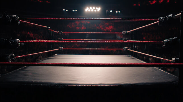 Empty wrestling ring with red ropes illuminated by bright spotlights.