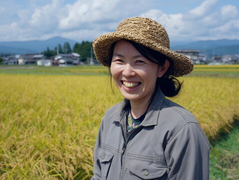 稲穂が実る田んぼで麦わら帽子をかぶり笑顔を見せる農作業中の女性の風景