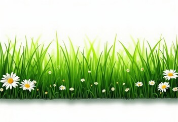 Vibrant Green Grass with White Daisies in a Bright and Cheerful Landscape