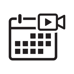 Professional Black and White Minimalist Icon Featuring a Calendar and Video Camera for Scheduled Virtual Meetings, Webinars, and Content Planning.
