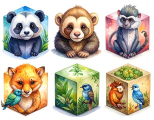Fototapeta premium Six cute animals rendered in watercolor style, sitting inside colorful cube-shaped frames
