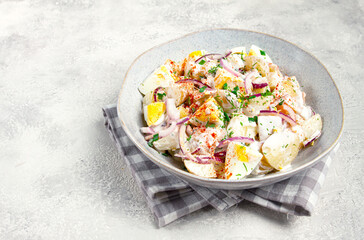 potato and egg salad, red onion, with mayonnaise, homemade, no people,