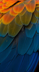 Obraz premium Close-up of parrot feathers in orange, yellow, and blue, showcasing texture and detail. Symbolic of nature, vibrant color and bird plumage
