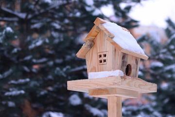 Bird feeder in winter. The feeder looks like a house with a window and a roof. A place for feeding wild birds. A beautiful wooden feeder with seeds and a piece of lard for tits. Winter © Mariia
