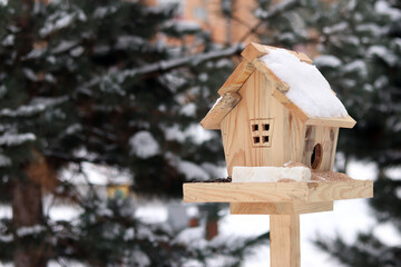 Bird feeder in winter. The feeder looks like a house with a window and a roof. A place for feeding wild birds. A beautiful wooden feeder with seeds and a piece of lard for tits. Winter © Mariia