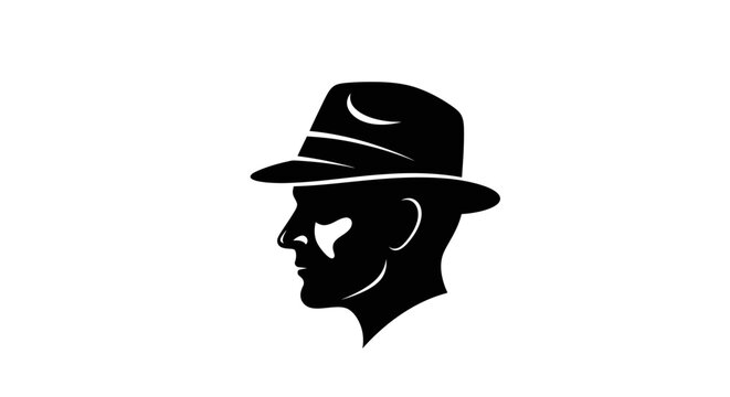 Silhouette Profile of a Man's Head Wearing a Fedora Hat, isolated white background.