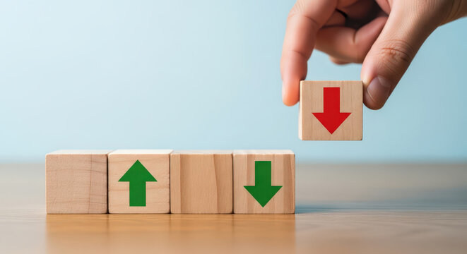 Business Strategy Conceptual Wooden Blocks with Up and Down Arrows Representing Investment Success and Risk Evaluation. Decision Making Concepts