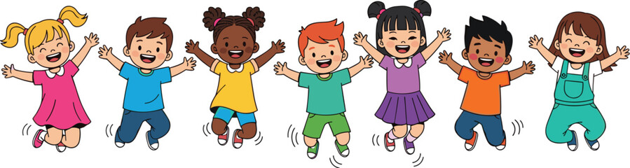 Diverse Group of Cheerful Children Jumping with Joy: A Vibrant Cartoon Illustration for Educational and Promotional Materials, Showcasing Happiness, Friendship, and Childhood Fun