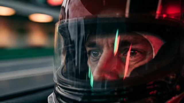 close-up of vintage racing helmet in high-speed sports car competition video