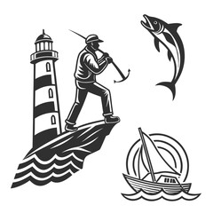 A sailor standing on a rock next to a lighthouse with a dolphin and a sailboat Vector © naz