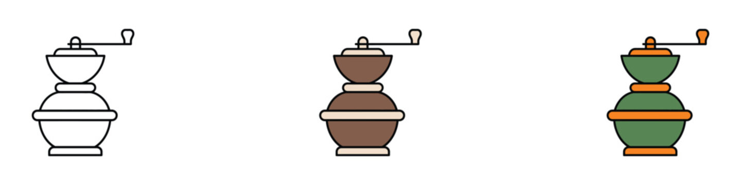 Vintage coffee grinder icon vector. Antique manual spice mill and kitchen appliance symbol set. Vector illustration.