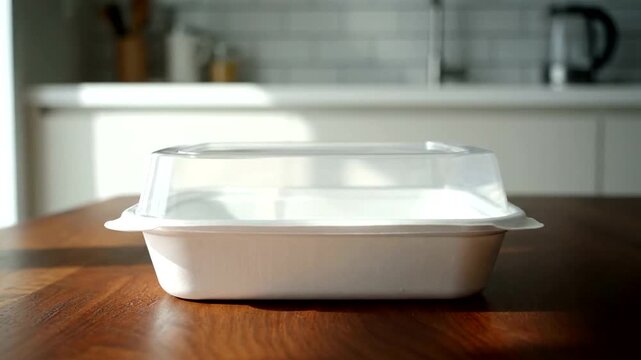Empty White Plastic Container with Clear Lid on Wooden Table in Kitchen.